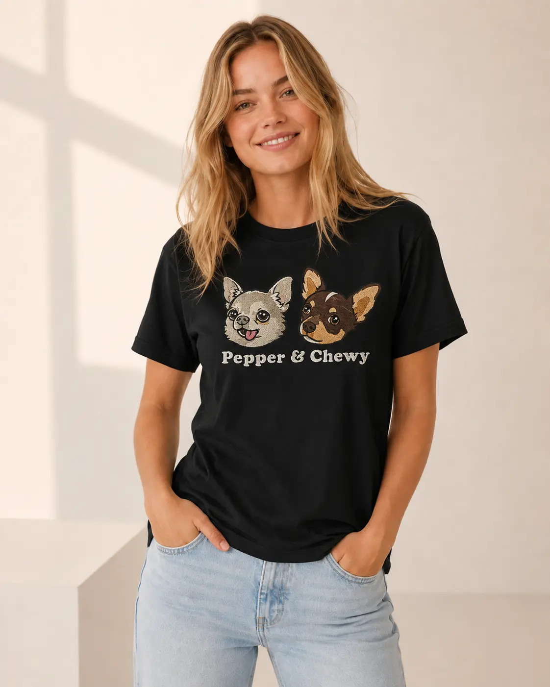 Custom Cartoon Pet Portrait Embroidered T-Shirt