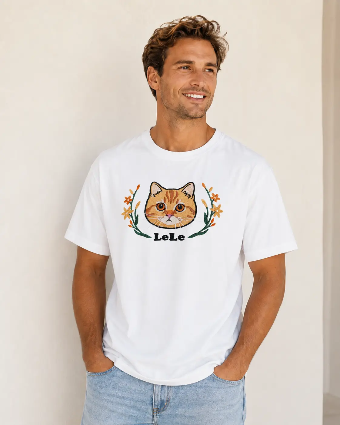 Custom Cartoon Pet Portrait Embroidered T-Shirt