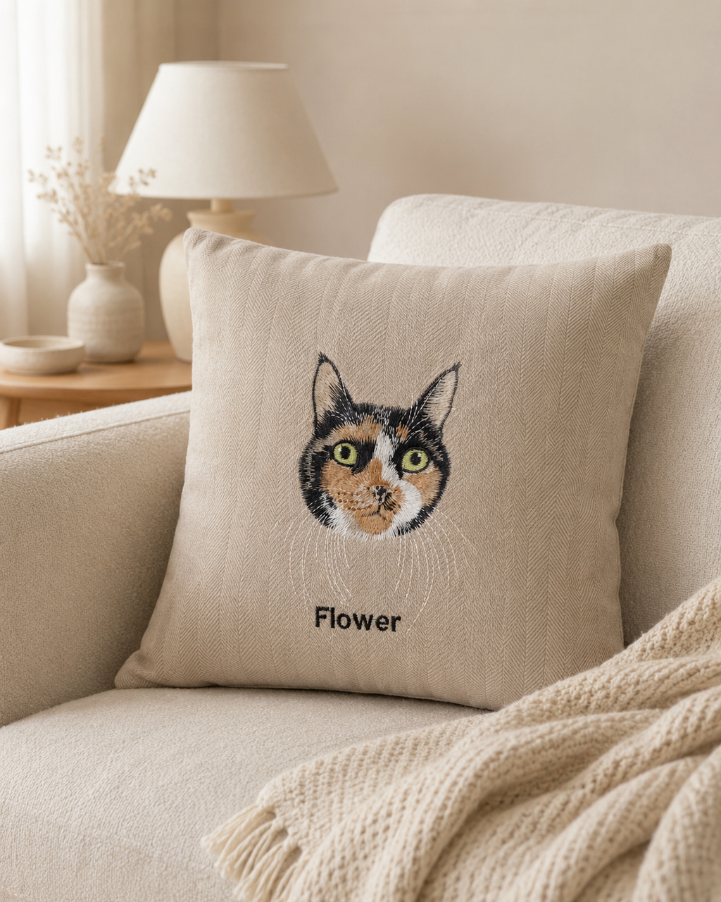 Custom Pet Portrait Embroidered Chenille Cushion