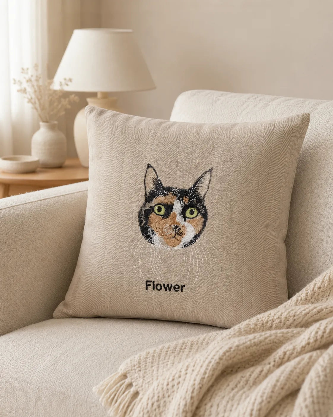 Custom Pet Portrait Embroidered Chenille Cushion